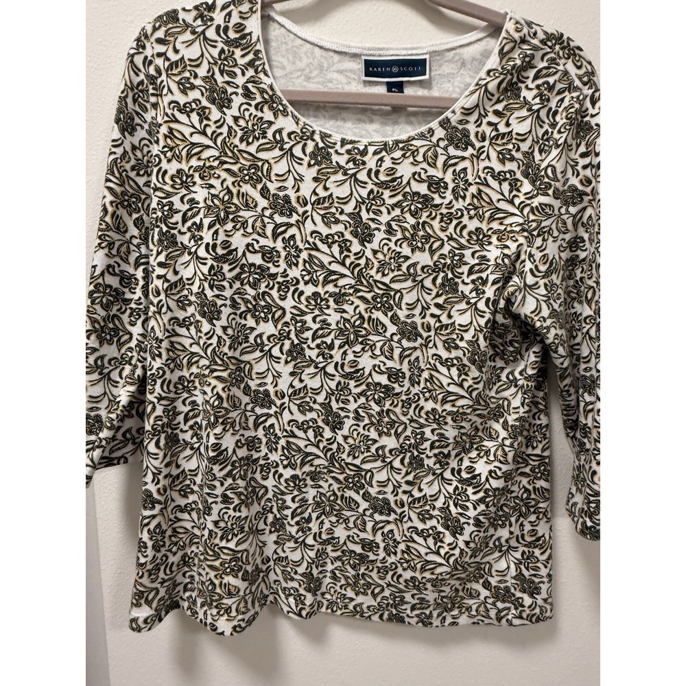 Karen Scott White Brown Yellow Floral 3/4 Sleeve‎ Blouse Top Casual Size PL